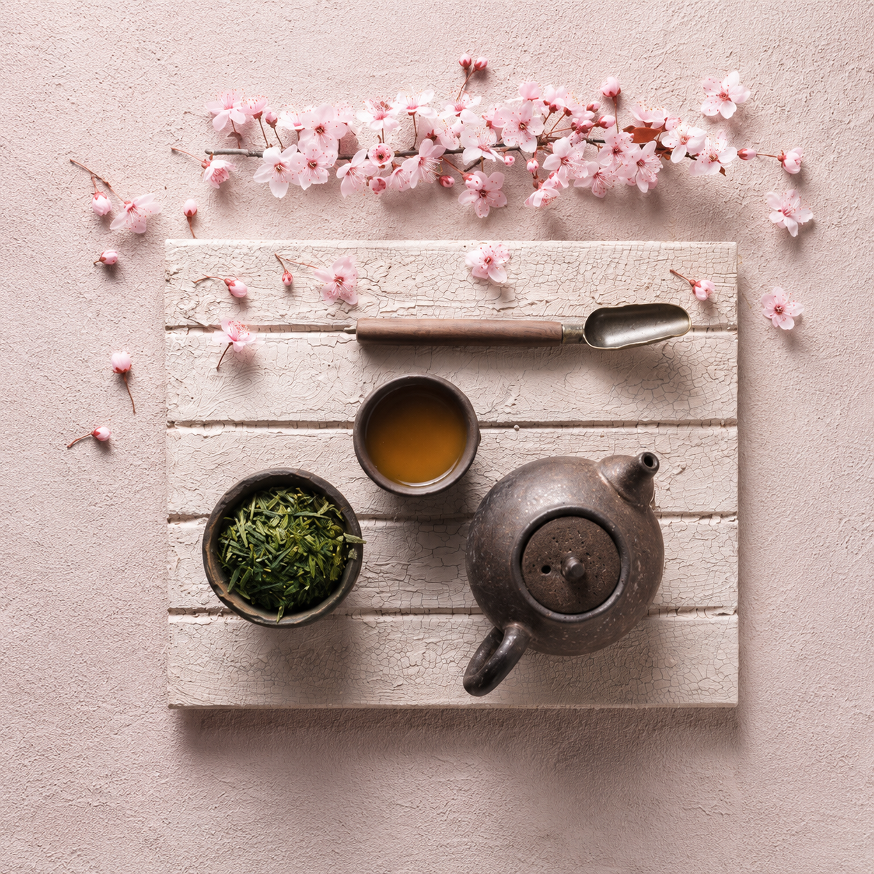 Overhead tea setting with a dark ceramic teapot, cup of tea, loose green tea leaves and pink blossoms.