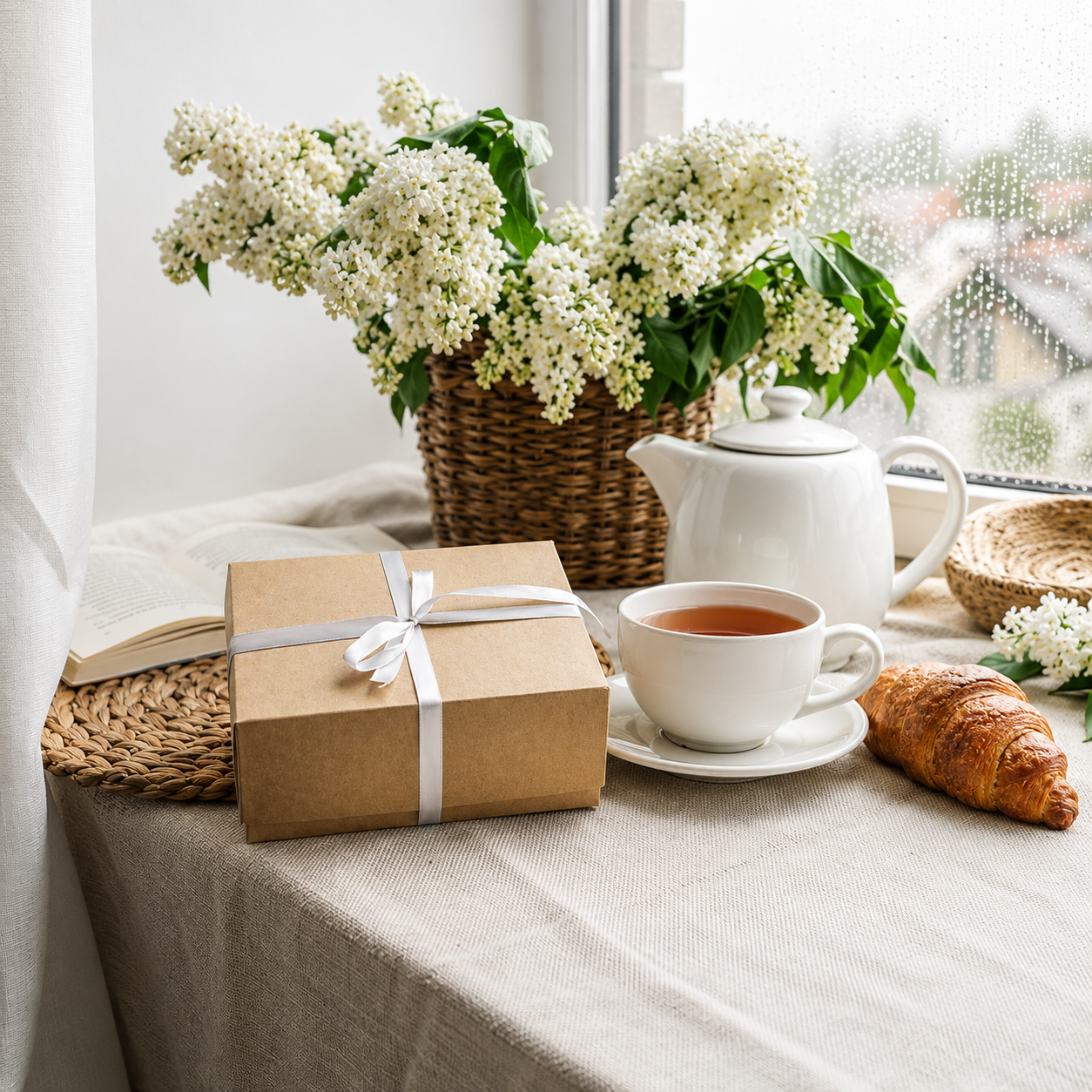 Luxury tea gift box with loose-leaf tea tubes, honey and brewing accessories