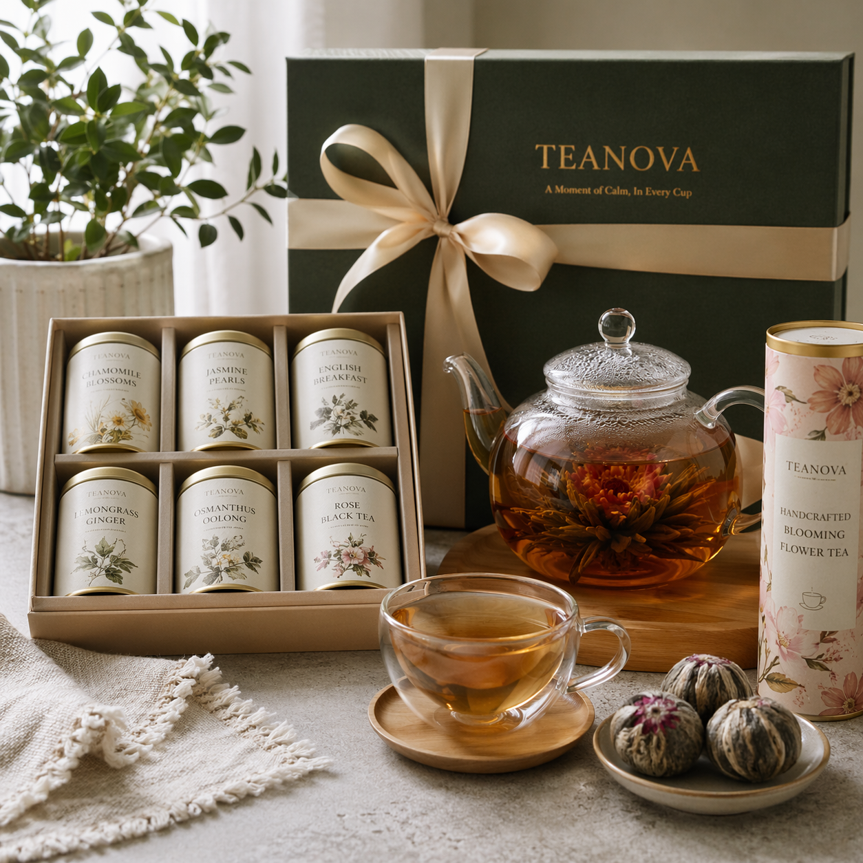 Premium tea gift set with blooming flower tea, sampler gift box, glass teapot and elegant tea ware on a light neutral background.