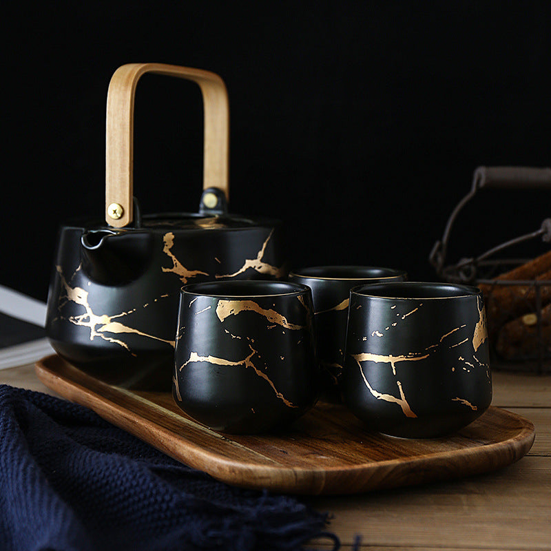Marble Gold Ceramic Tea Set with 4 Cups & Acacia Wood Tray