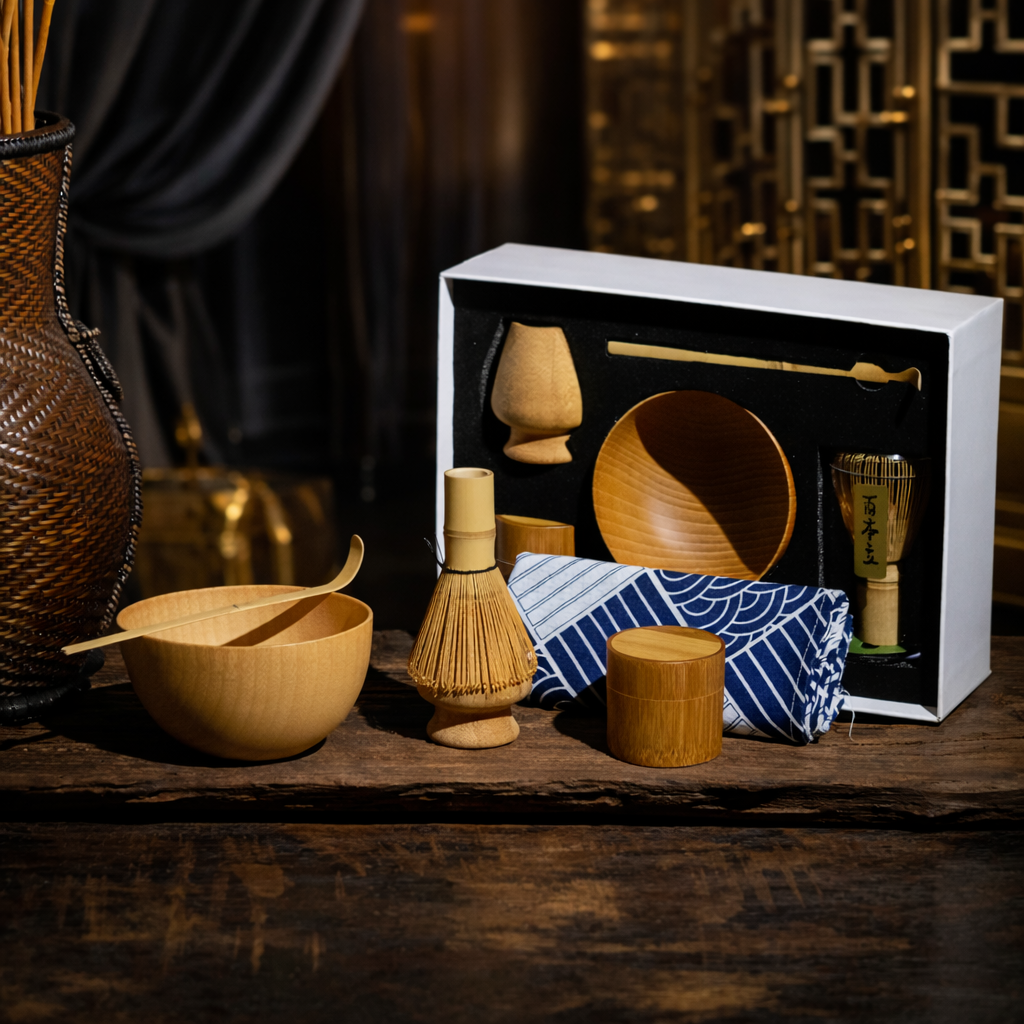 Set of wooden tea-making tools with a box on a dark surface