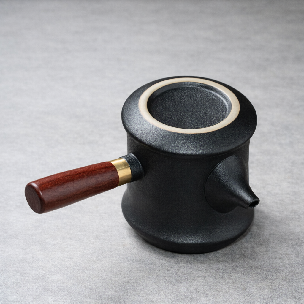 Black ceramic teapot with a wooden handle on a gray background