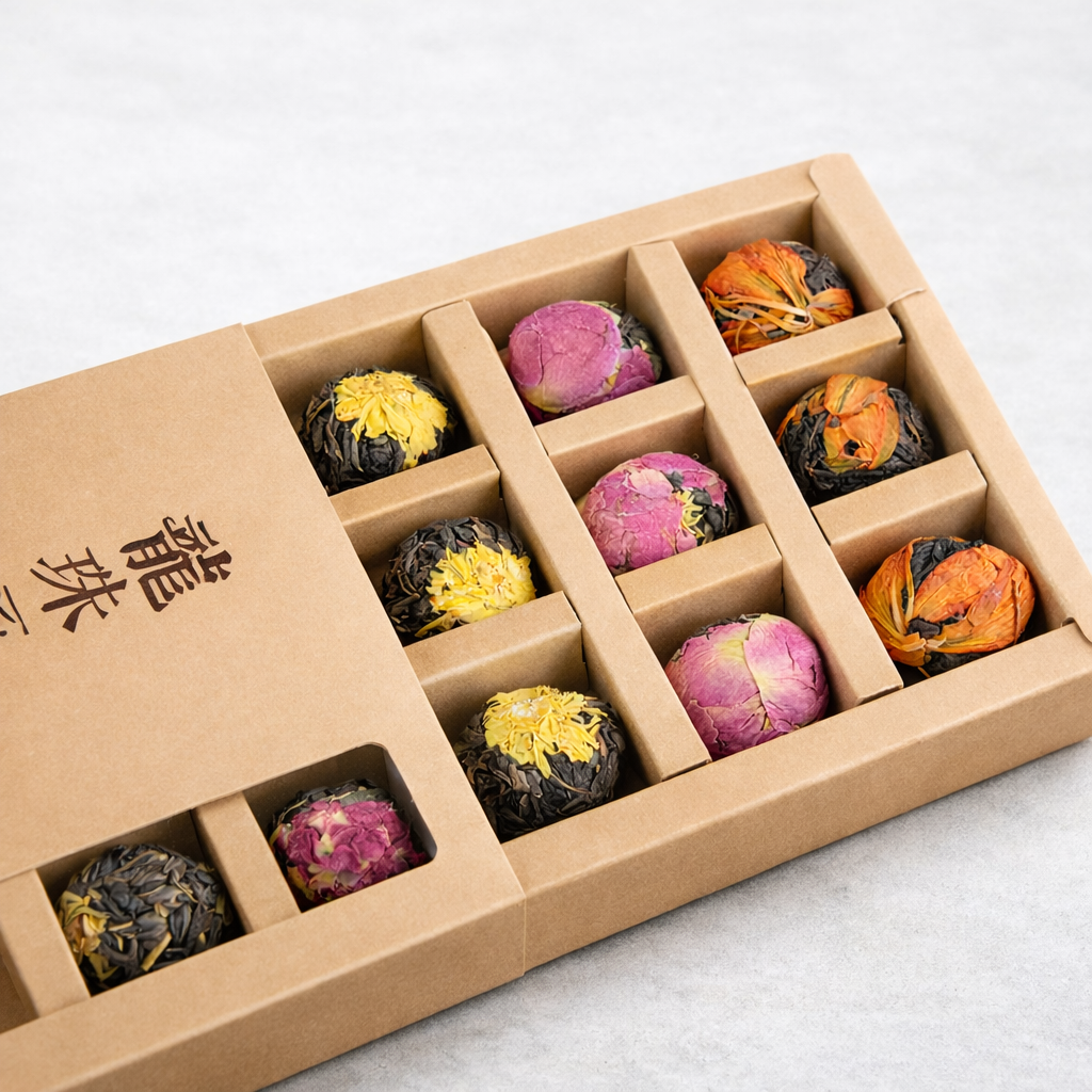 Box of assorted floral tea balls in a cardboard packaging on a light background