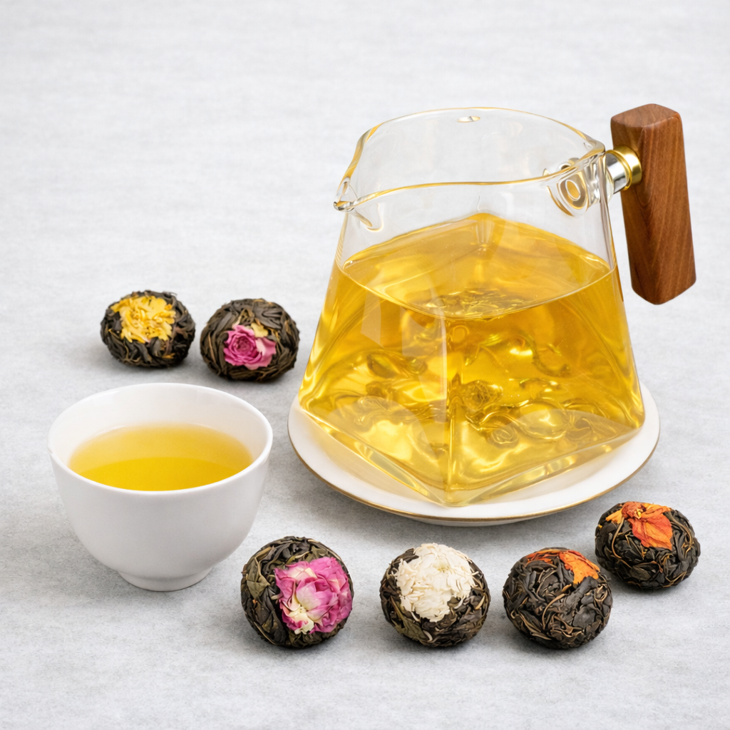 Glass teapot and cup with floral tea balls on a light gray background