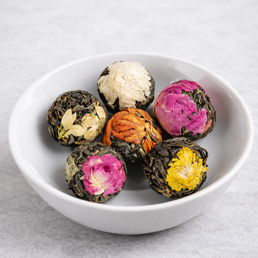 Assorted colorful tea balls in a white bowl on a light gray background