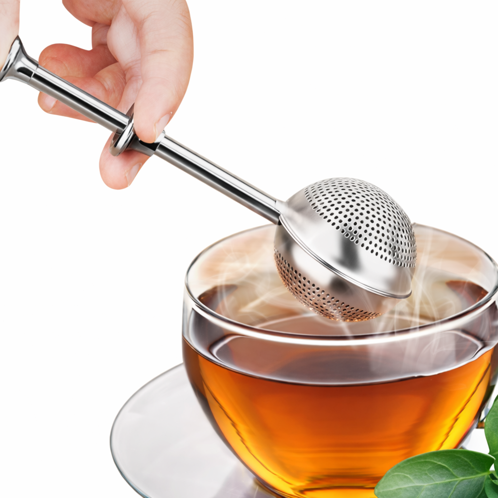Hand holding a metal tea infuser over a glass of tea with a white background
