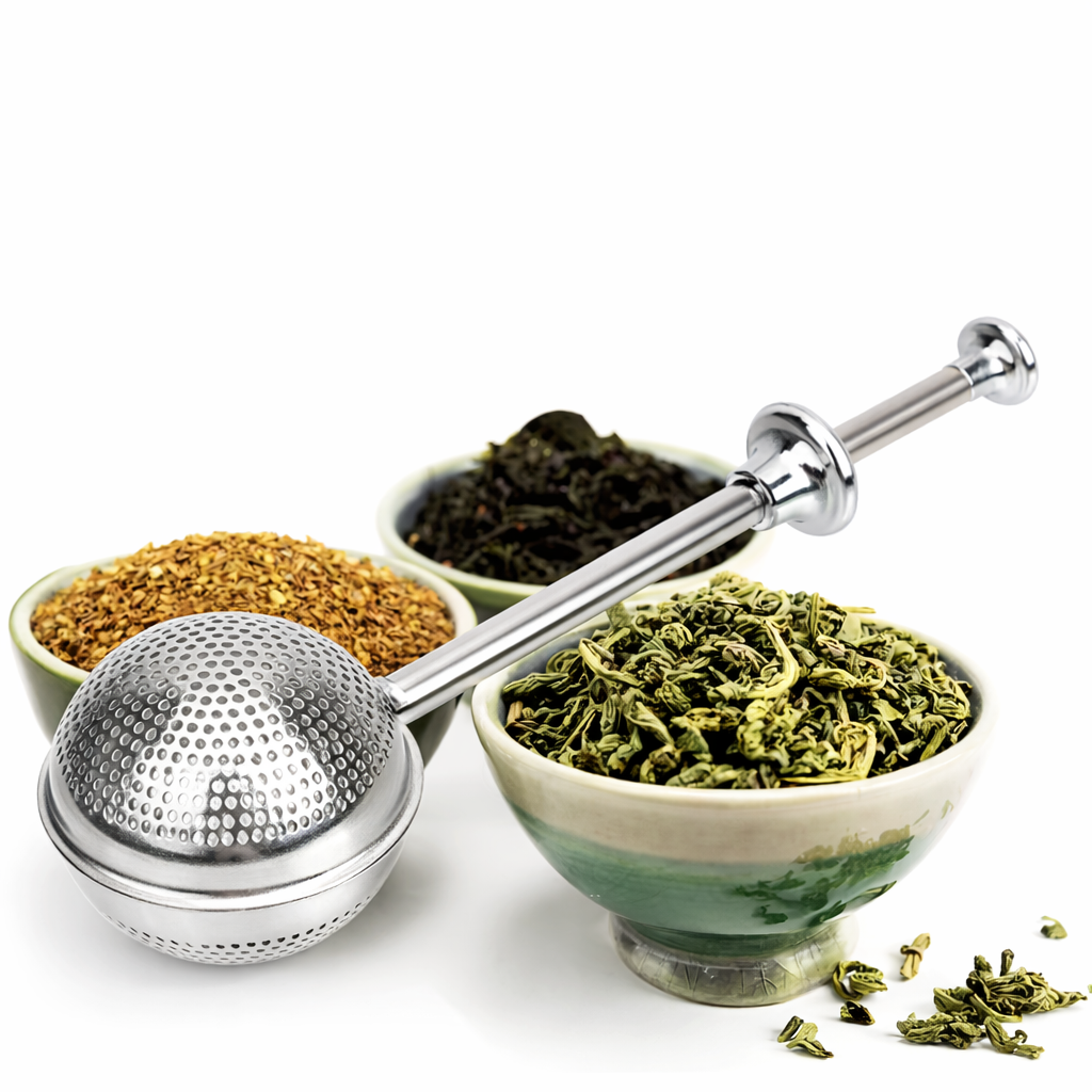 Tea infuser with bowls of different types of tea leaves on a white background