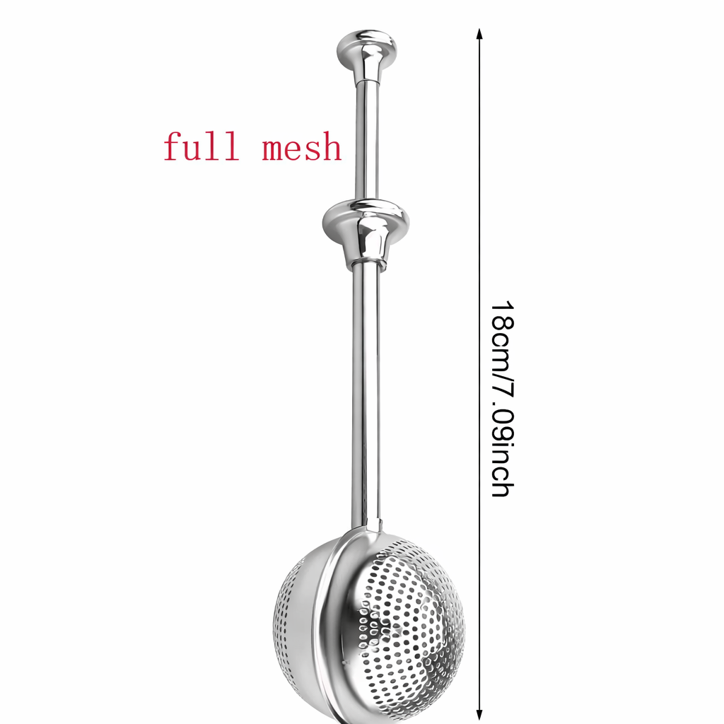 Metal tea ball infuser with dimensions on a white background