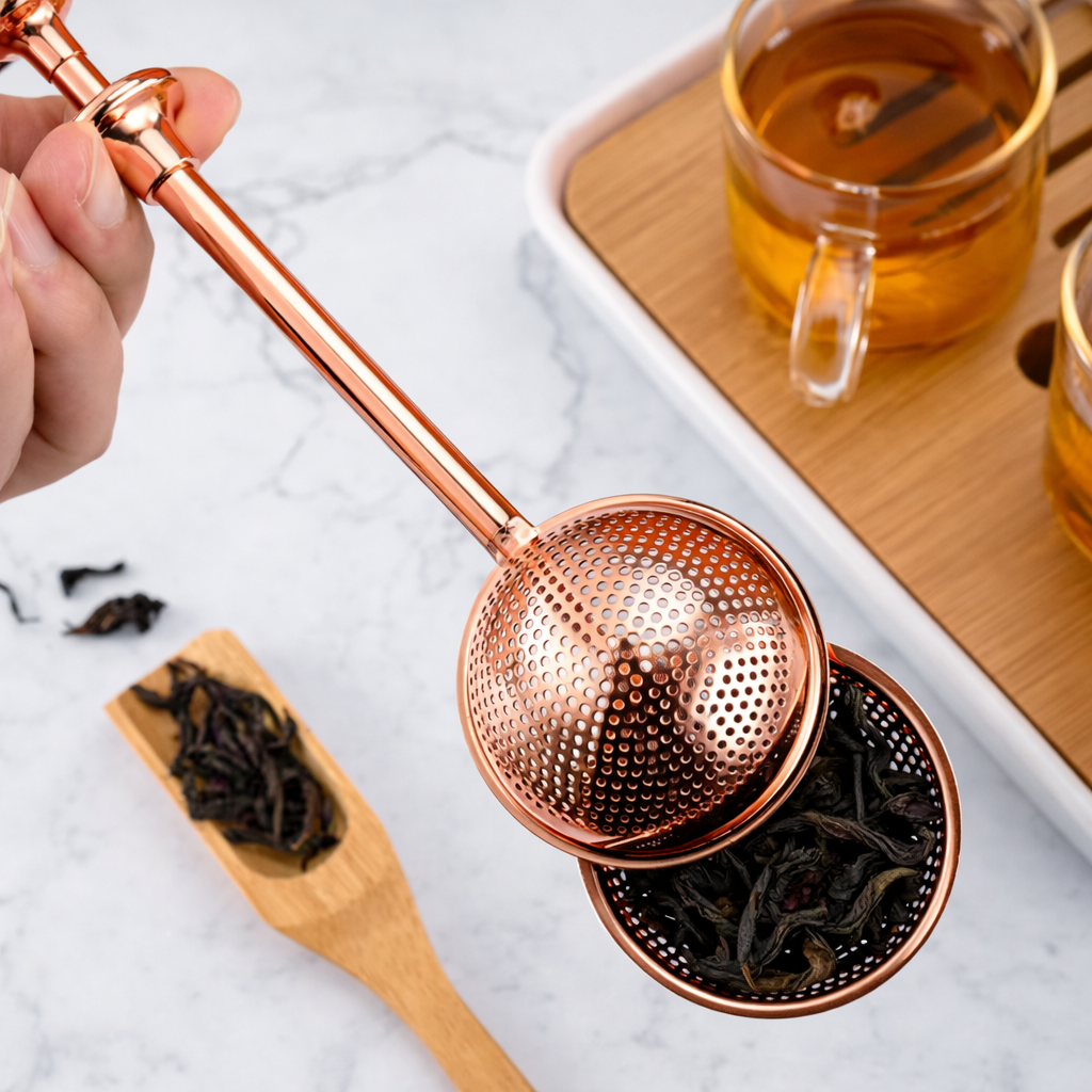 Copper tea infuser with tea leaves on a marble surface, next to a cup of tea.
