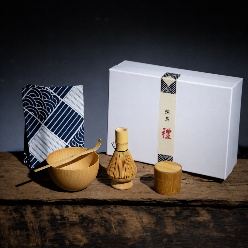 Tea-making set with wooden bowl, whisk, and lid on a dark surface with a white box in the background.