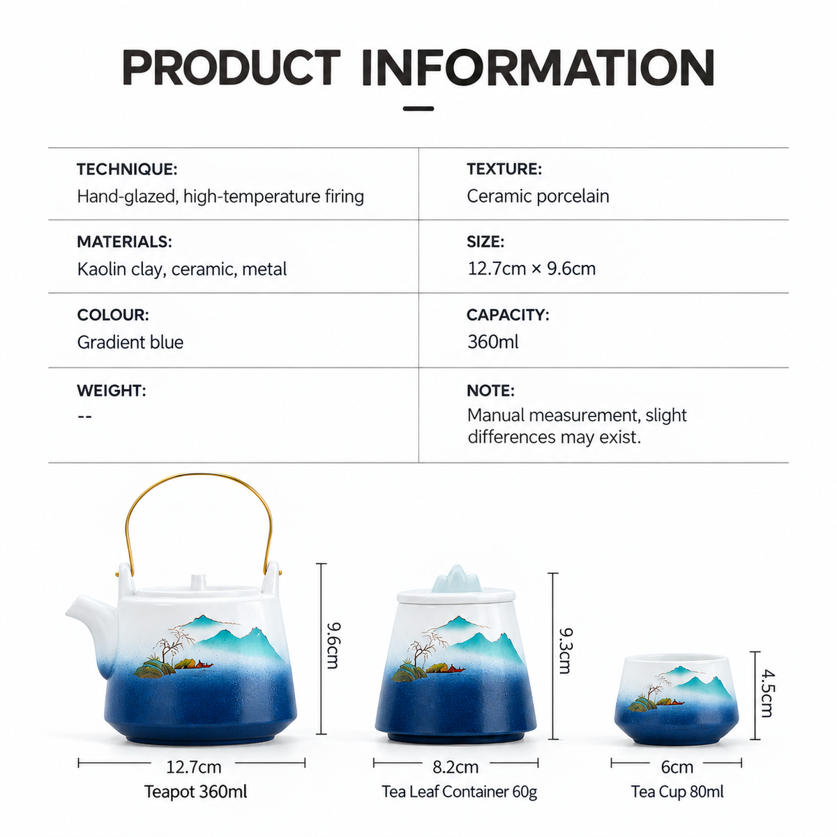 Snow Mountain Ceramic Gongfu Tea Set with 4 Cups & Gift Bag