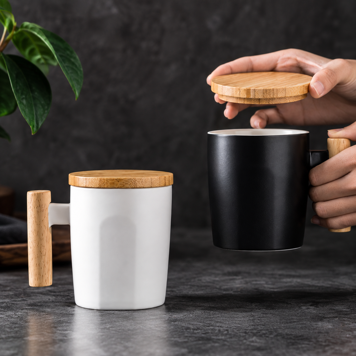 Two ceramic mugs with bamboo wood handles and lids are shown on a dark tabletop. One mug is white and sits on the table, while the other is black and is being held by hands to show its lid and handle.