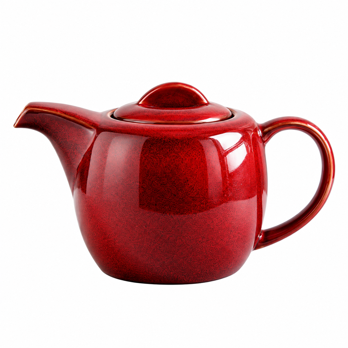 A glossy red ceramic teapot with a matching lid, featuring a curved spout and a sturdy handle, set against a plain white background.