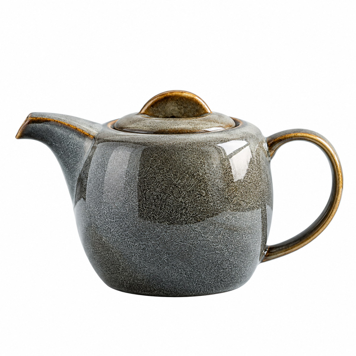 A ceramic teapot with a speckled dark gray and brown glaze, featuring a gold-toned rim and handle, shown on a plain white background.