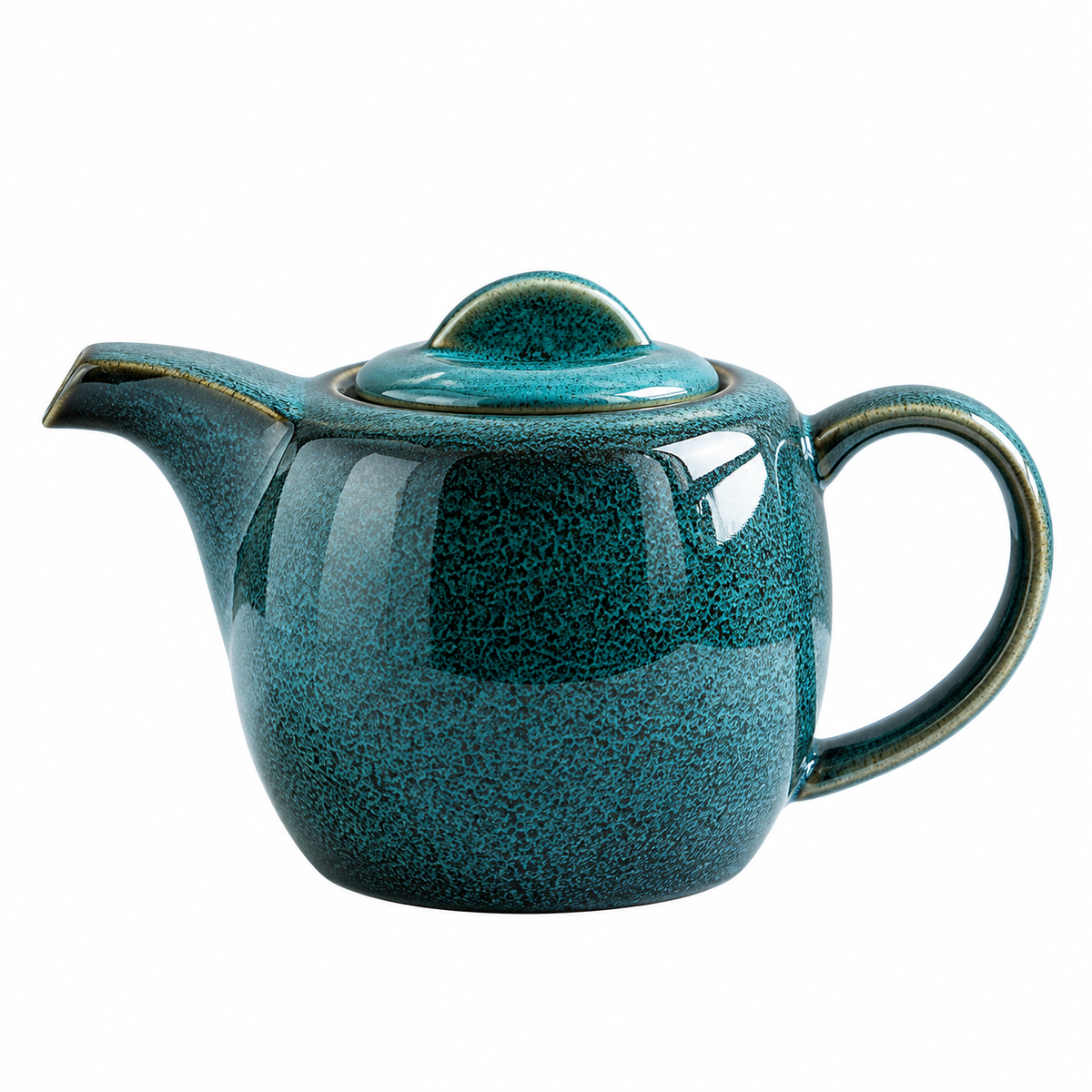 A glossy ceramic teapot with a textured, speckled teal and dark green glaze, featuring a matching lid, spout, and handle, set against a plain white background.