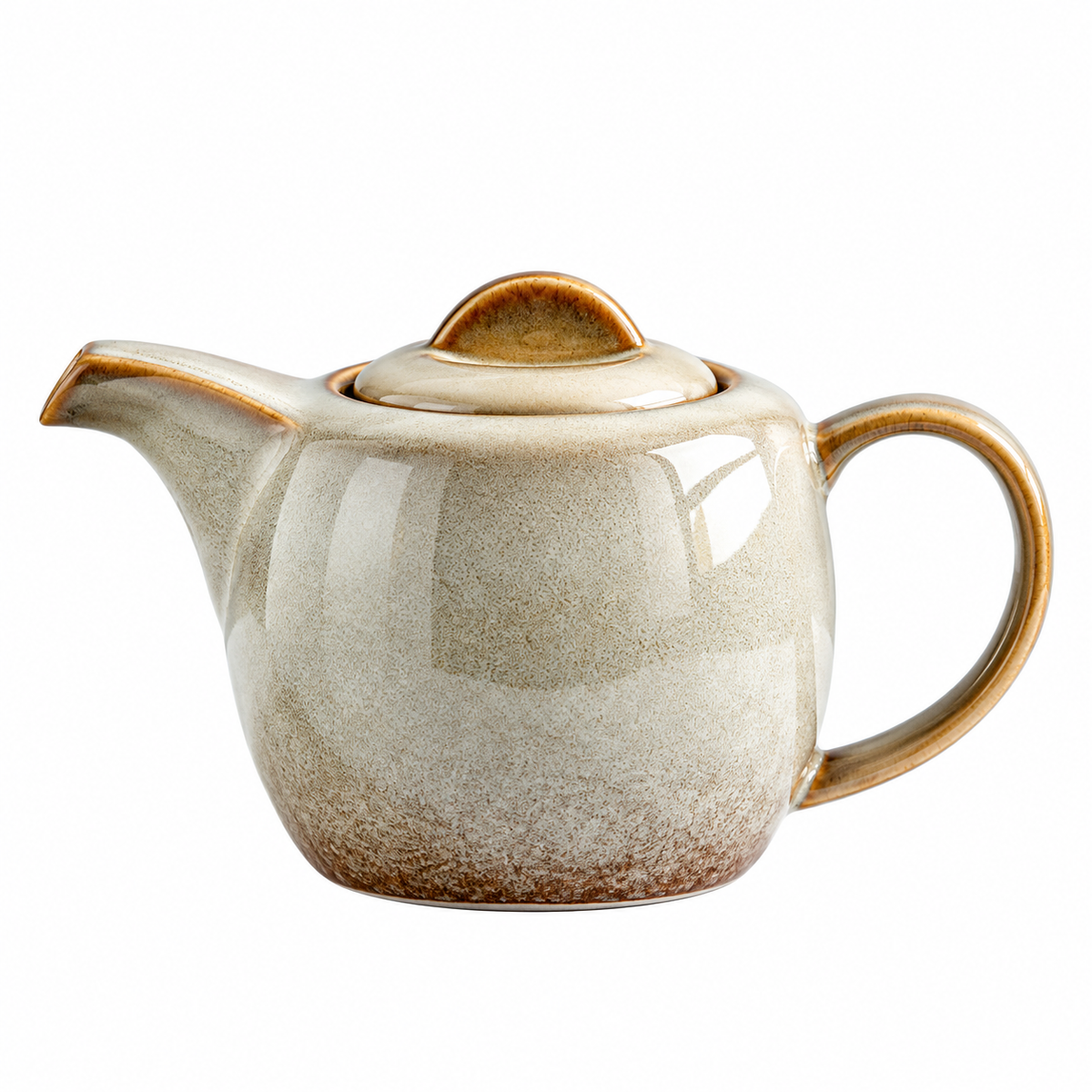 A ceramic teapot with a rounded body, spout, and loop handle, featuring a speckled glaze that transitions from warm beige at the top to a brownish rust at the base, with a metallic gold-toned rim and lid knob.
