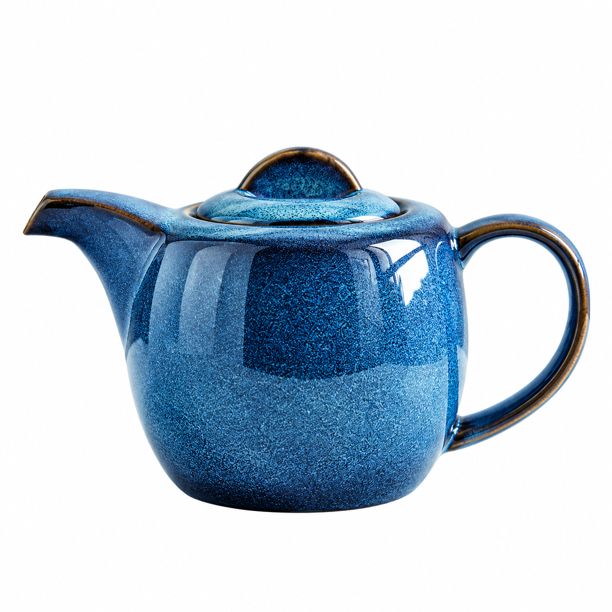 A glossy blue ceramic teapot with a textured glaze and dark brown rim detailing, shown on a plain white background.