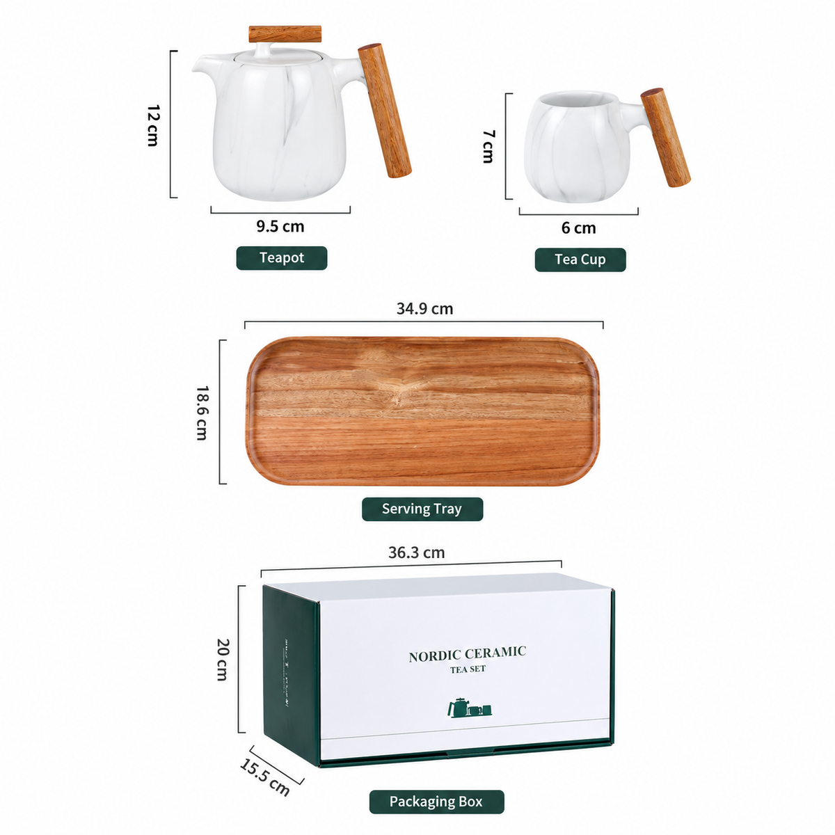 White ceramic tea set with a teapot, tea cup, and wooden serving tray, shown with dimensions and a white Nordic Ceramic tea set packaging box on a white background.