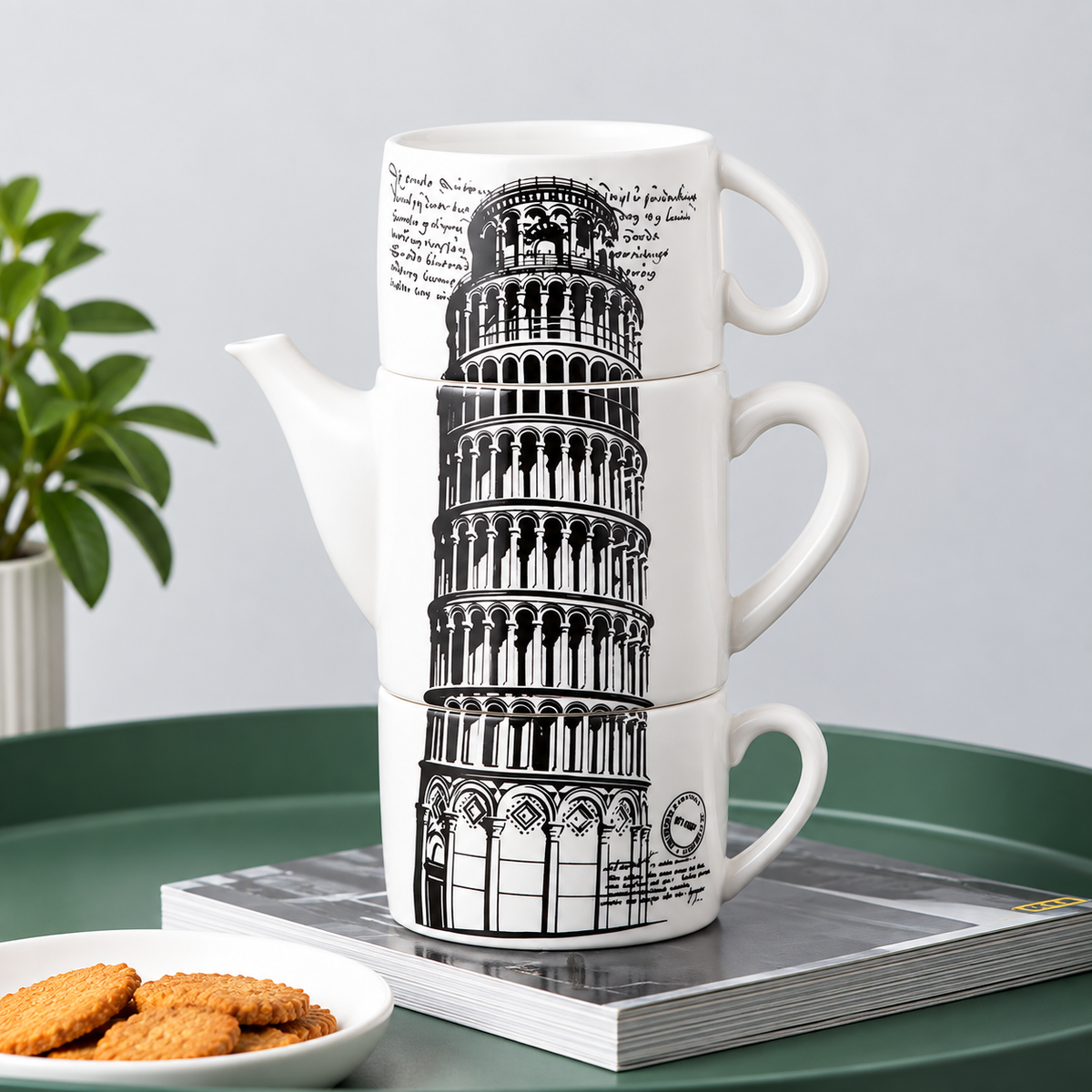 Three stacked ceramic mugs with a black line drawing of the Leaning Tower of Pisa, shown on a green tray with a book and cookies. A small potted plant is visible in the background.