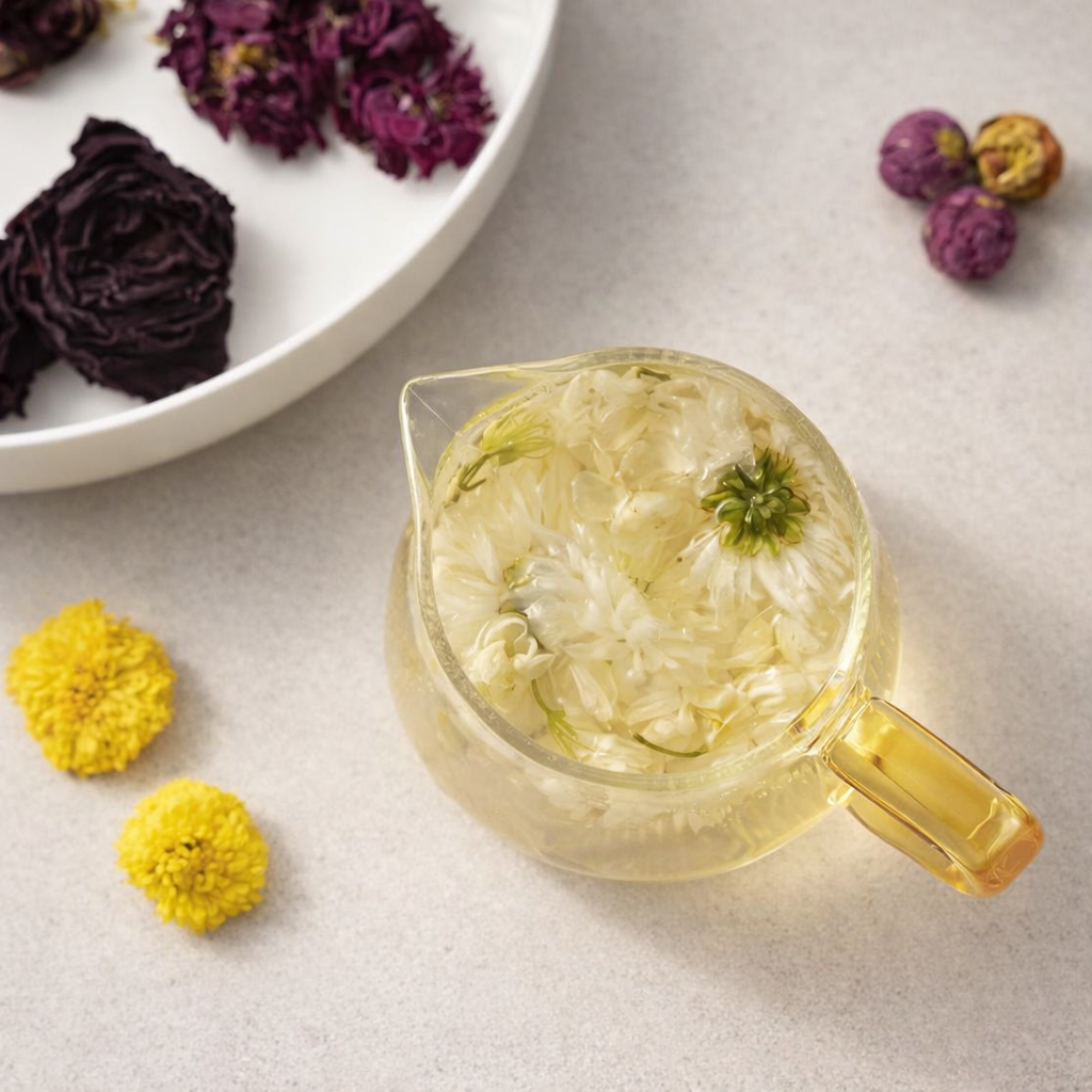Clear glass teapot with flowers on a light surface with dried flowers around