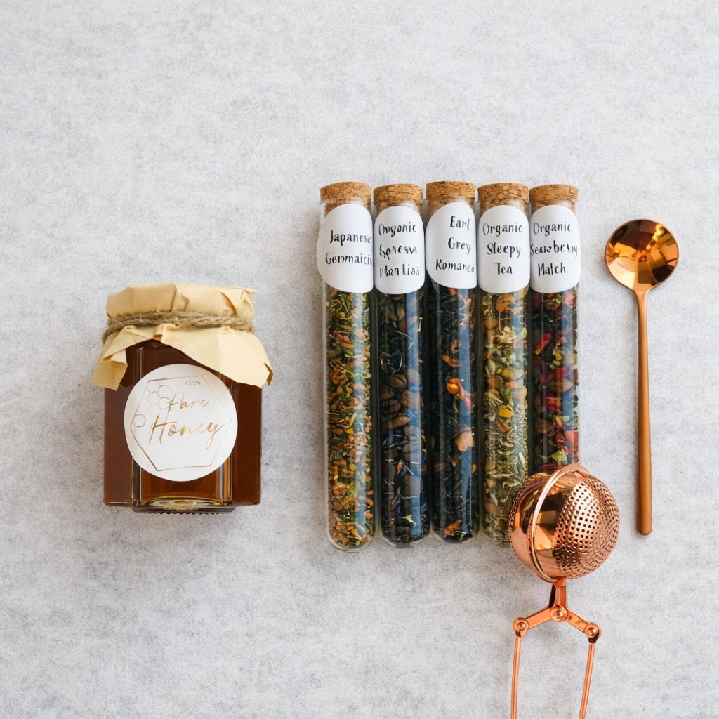 Jar of honey with test tubes containing various herbs and a copper tea infuser on a light gray background
