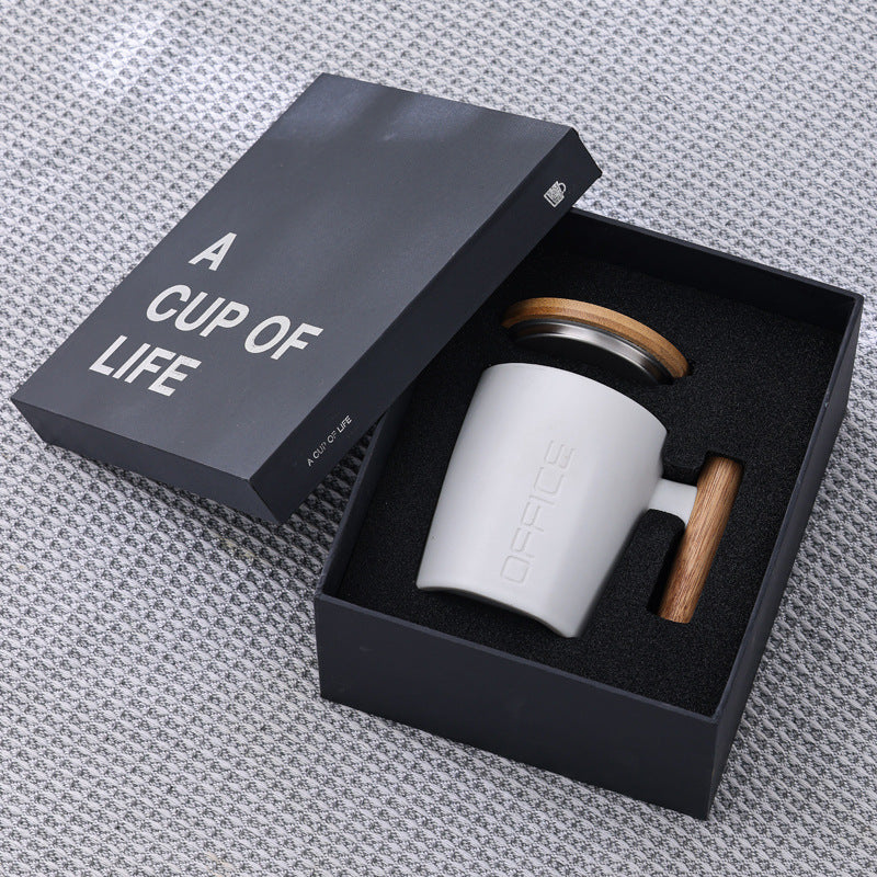 Wooden Handle Ceramic Mug with Bamboo Lid & Gift Box