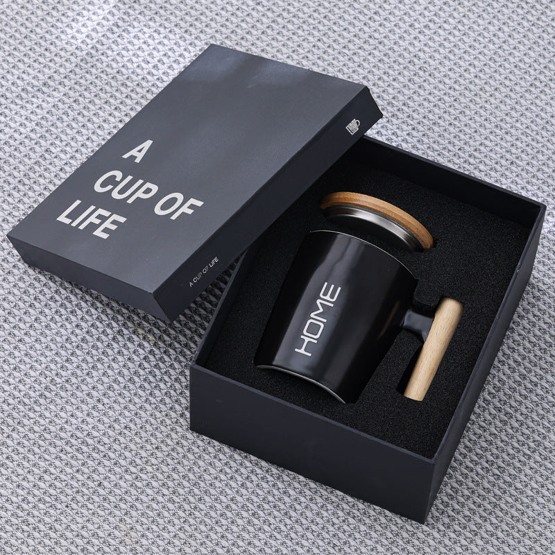 Wooden Handle Ceramic Mug with Bamboo Lid & Gift Box