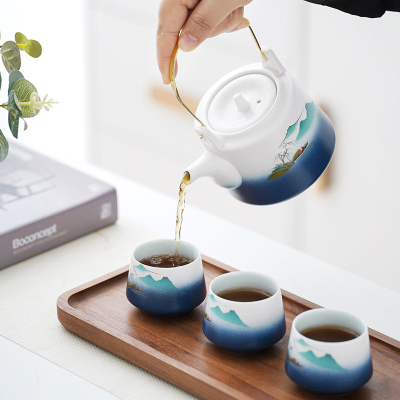 Japanese style landscape far mountain lifting beam pot kung fu tea set one pot four cups of tea can company activity gift tea set