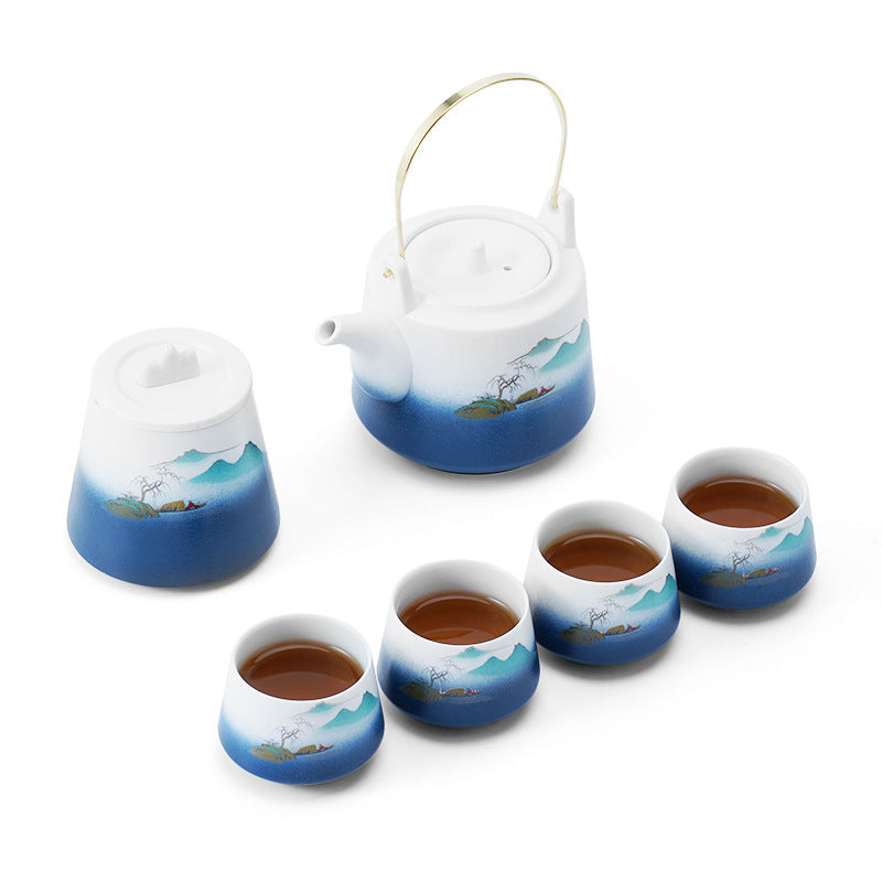 Japanese style landscape far mountain lifting beam pot kung fu tea set one pot four cups of tea can company activity gift tea set