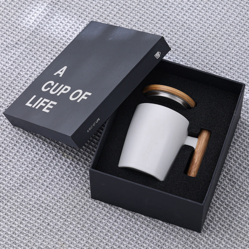 Wooden Handle Ceramic Mug with Bamboo Lid & Gift Box