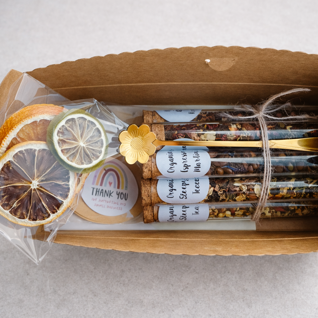 Packaged tea set with dried fruits and a decorative card in a brown box.