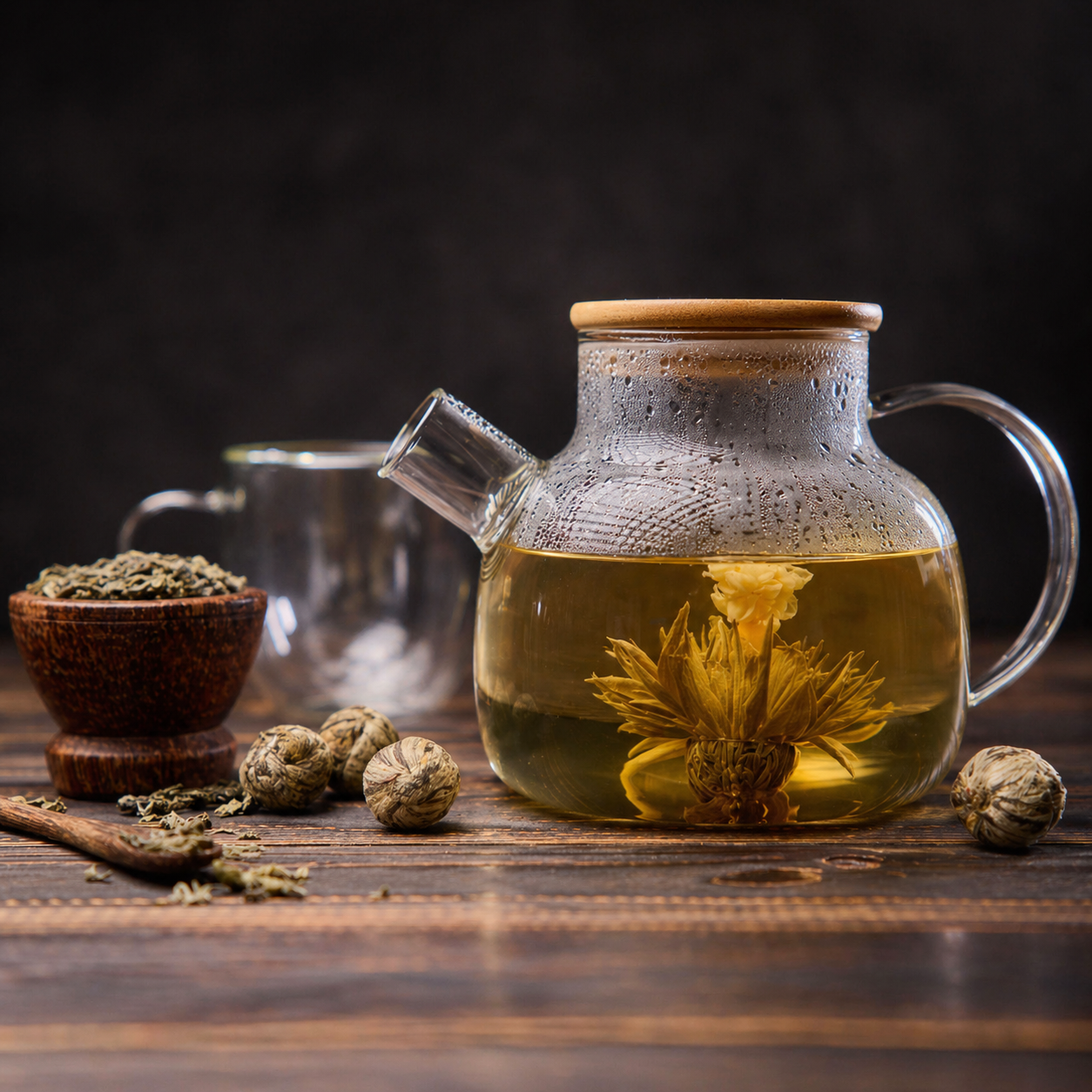 Glass teapot filled with golden blooming tea on a rustic wooden table, with a wooden bowl of loose tea leaves, rolled tea balls, a wooden spoon, and a blurred glass cup in the background.