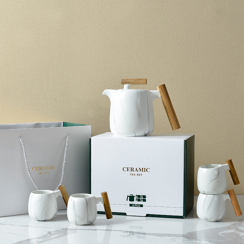 Nordic Ceramic Tea Set Gift with Acacia Wood Handles