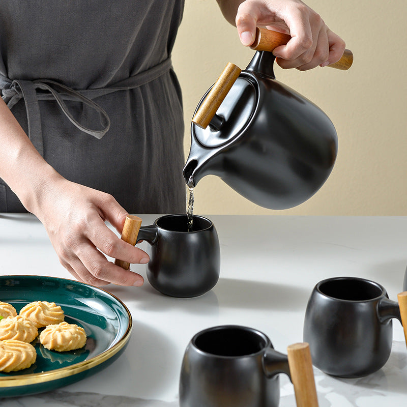 Nordic Ceramic Tea Set Gift with Acacia Wood Handles