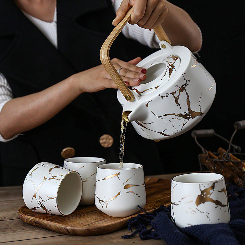 Marble Gold Ceramic Tea Set with 4 Cups & Acacia Wood Tray