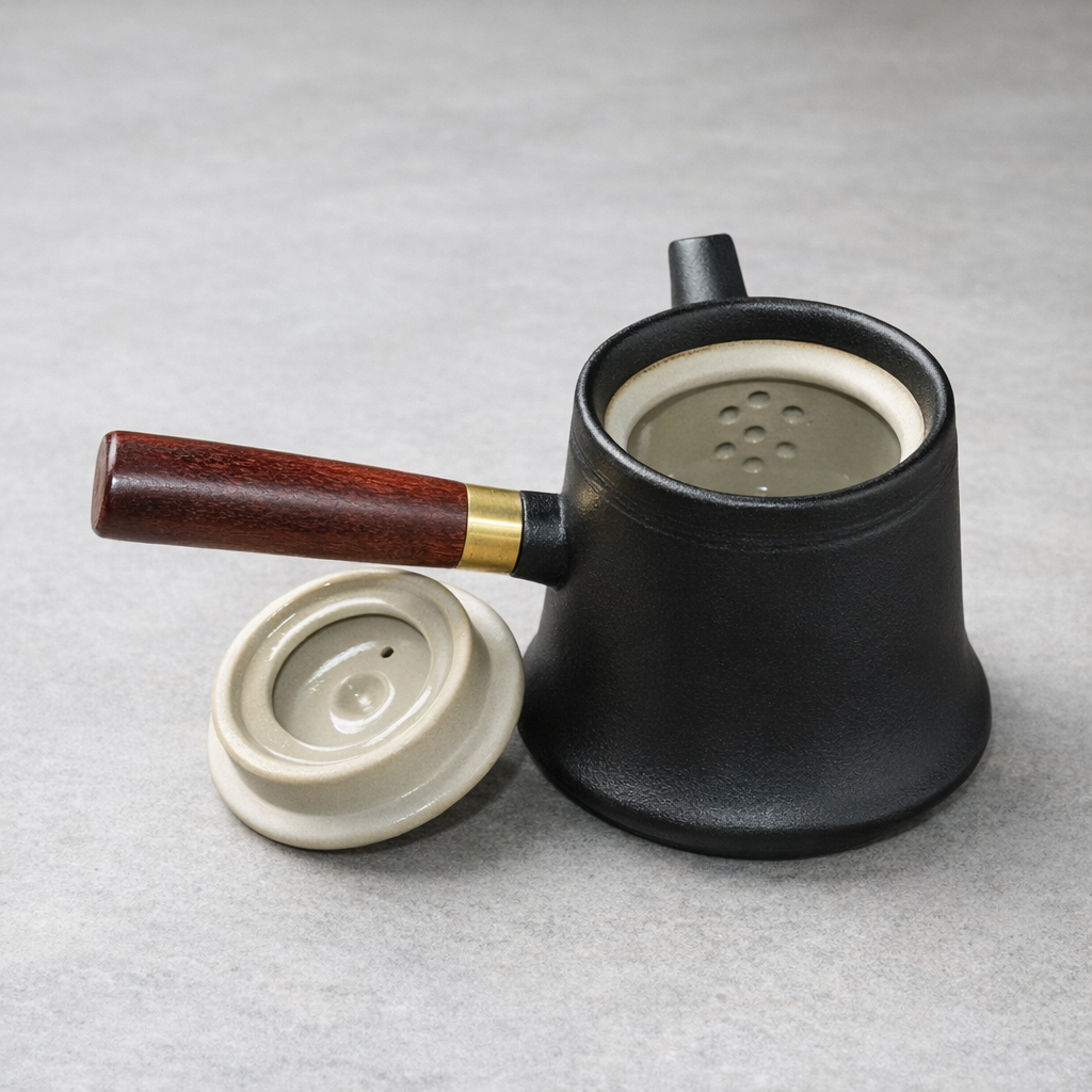 Black ceramic teapot with wooden handle and white lid on a gray background
