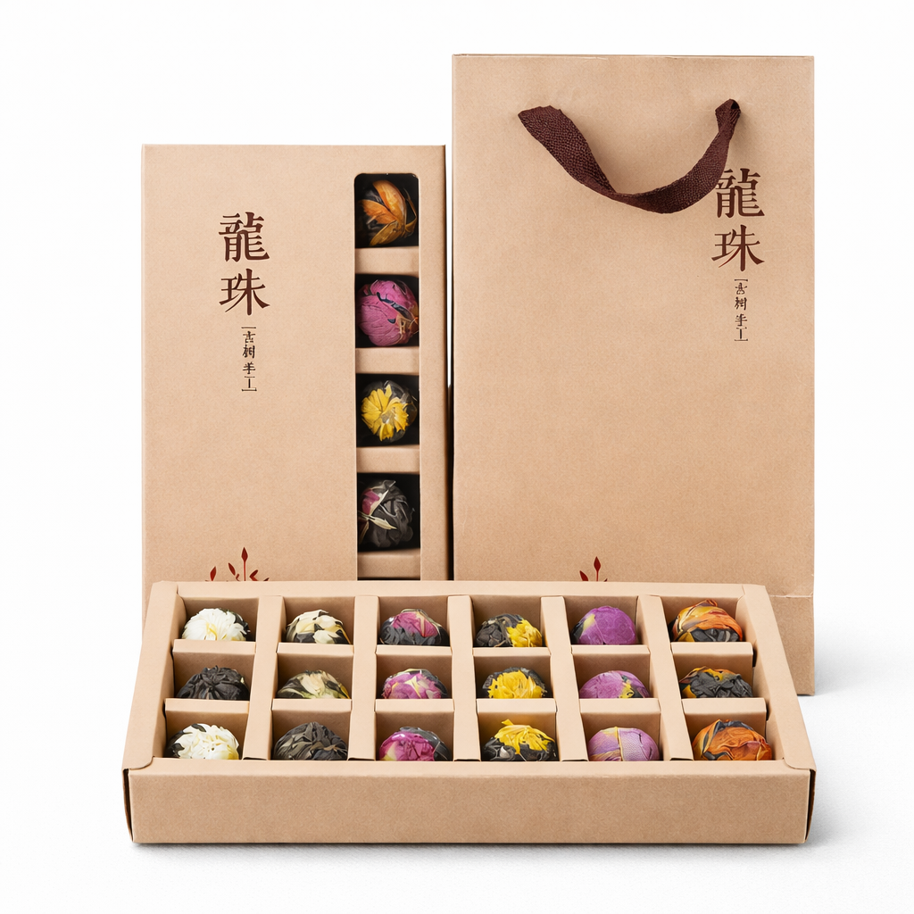 Tea bags in a decorative box with visible brand name on a white background