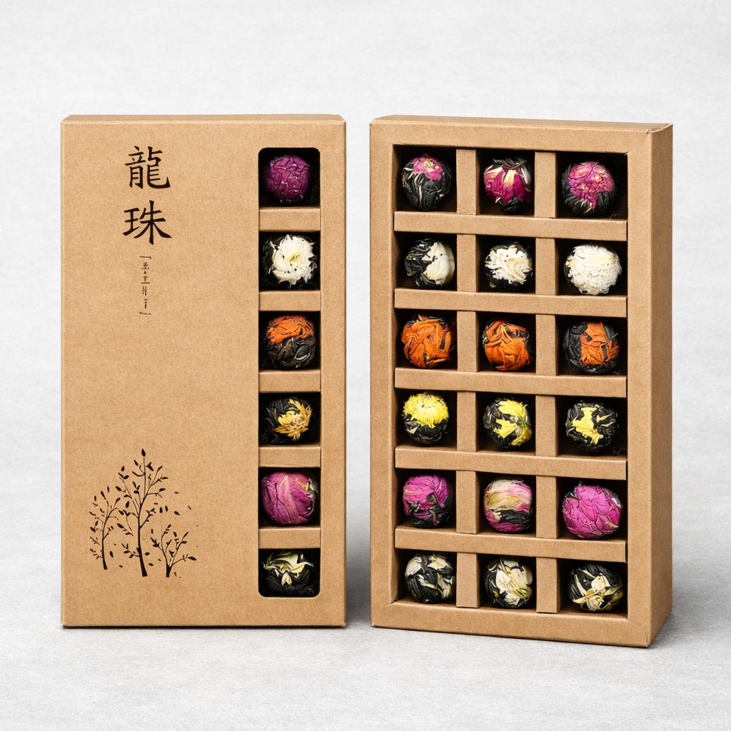 Tea box with colorful tea balls and a tree design on a white background