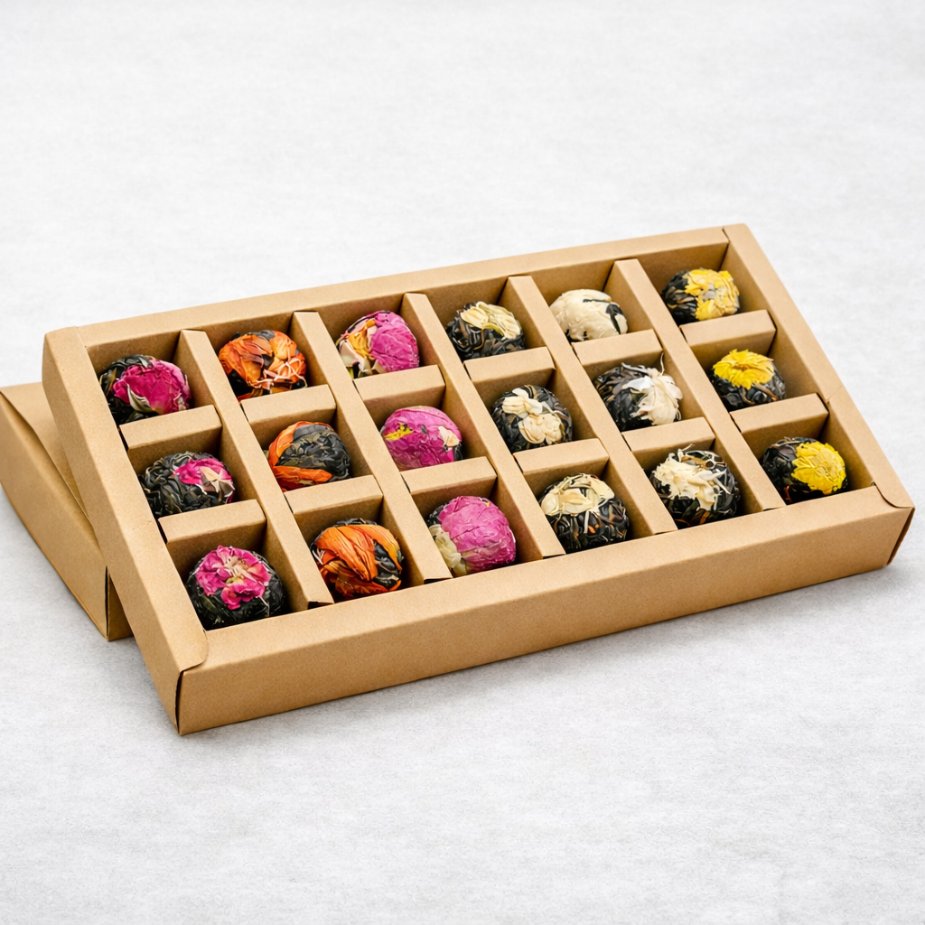 Box of assorted floral tea bags on a light gray background