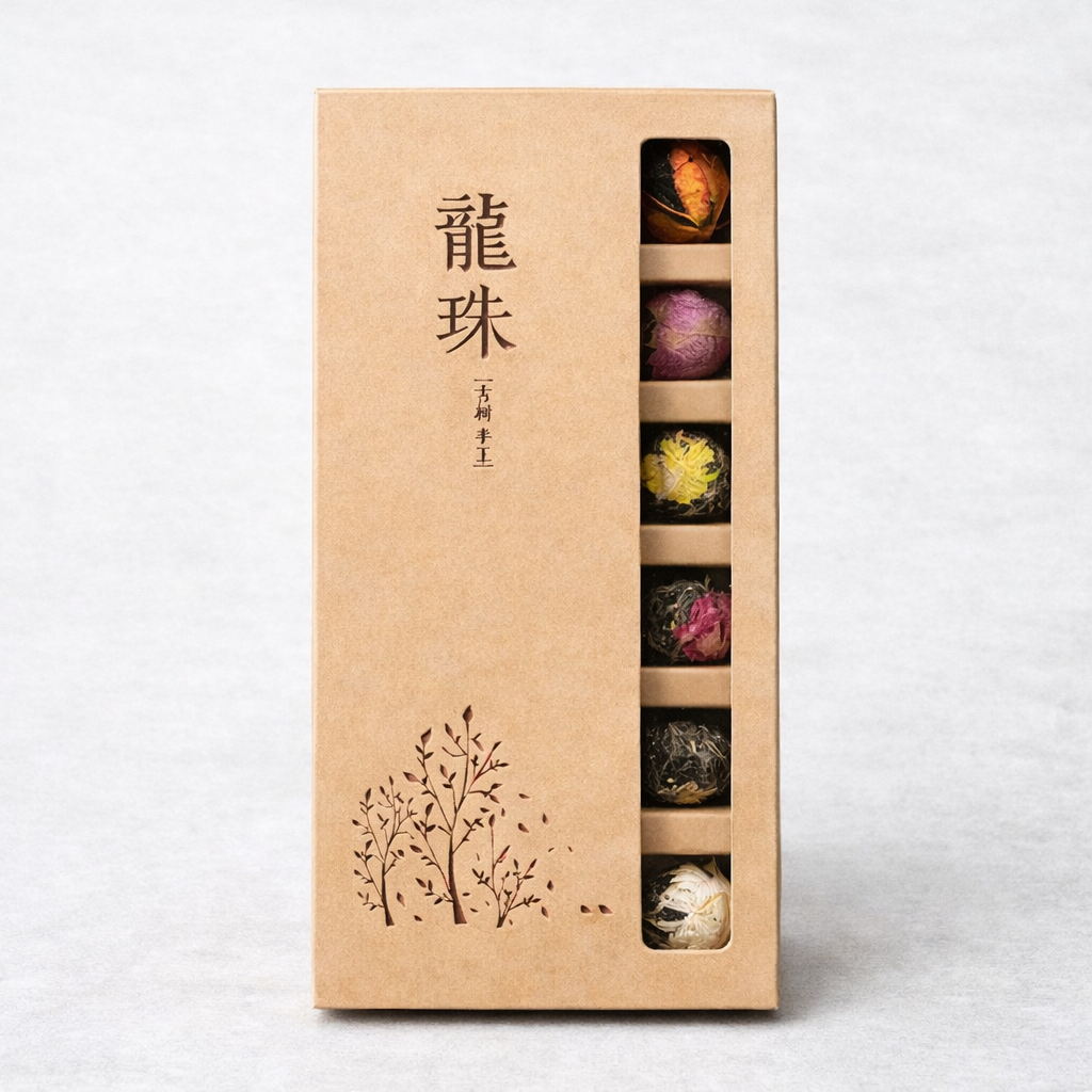 Kraft paper box with window displaying colorful tea bags on a light gray background