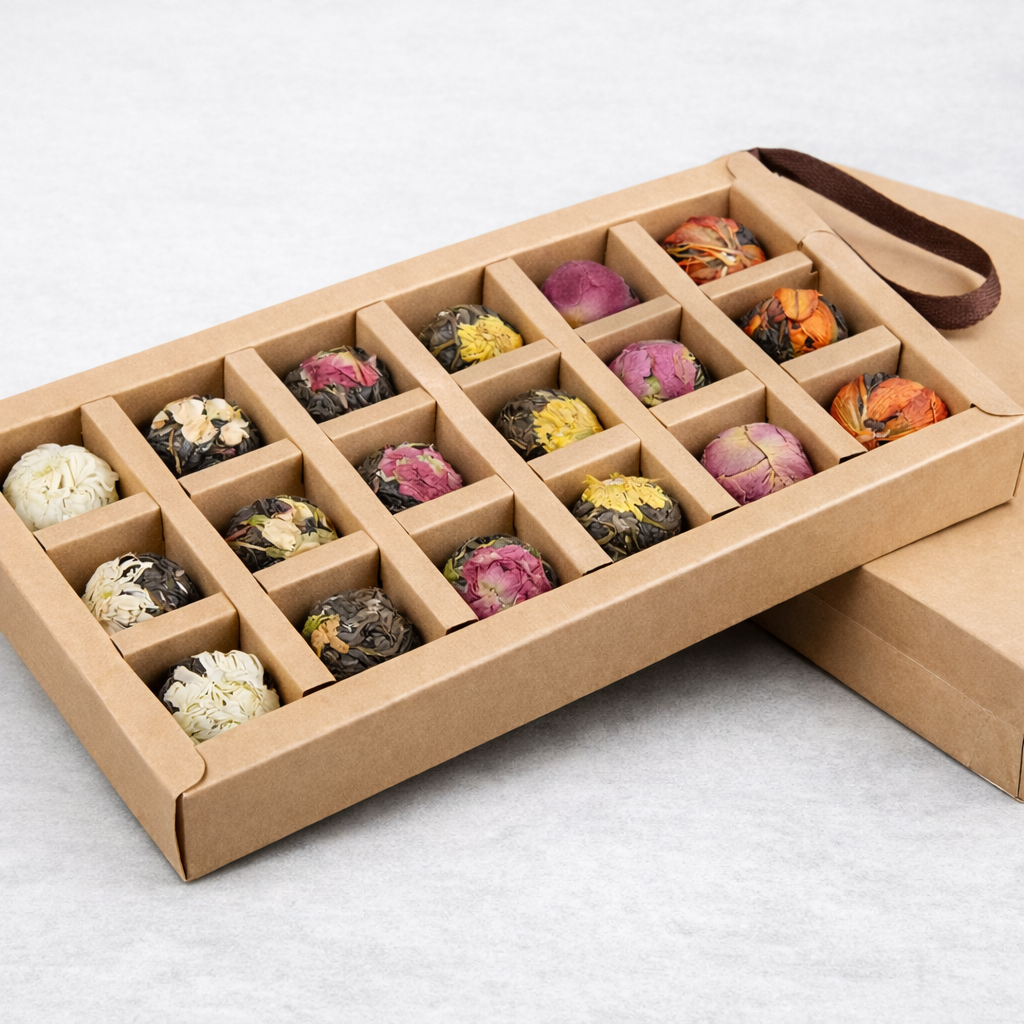 Box of assorted dried tea bags in a cardboard holder on a light gray background