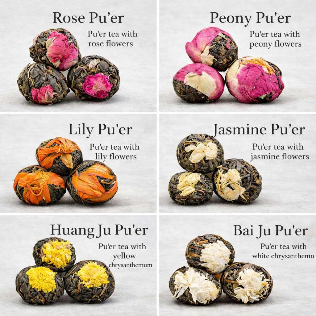Collage of Puér tea balls with different flower varieties on a light gray background.