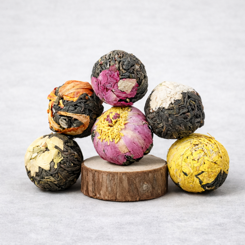 Colorful tea balls on a wooden stand with a light gray background