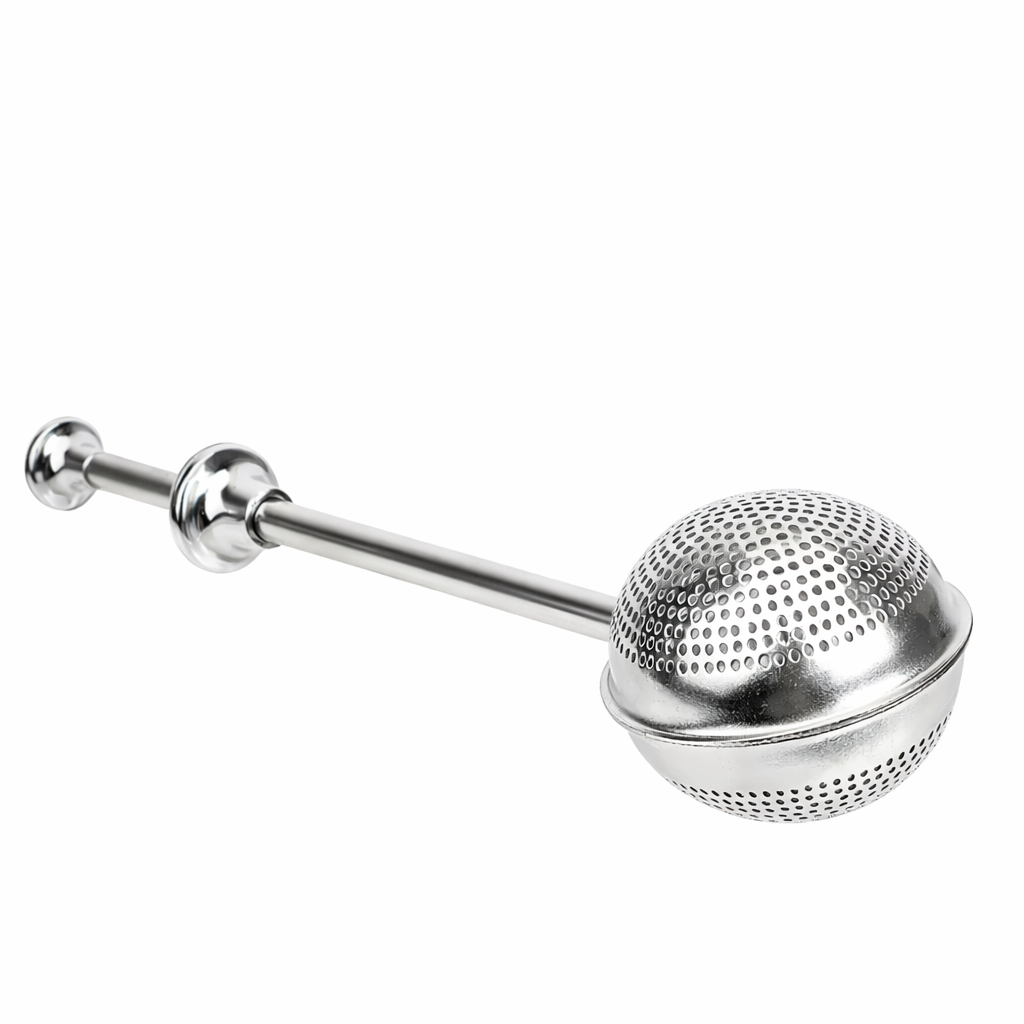 Metallic tea ball on a white background