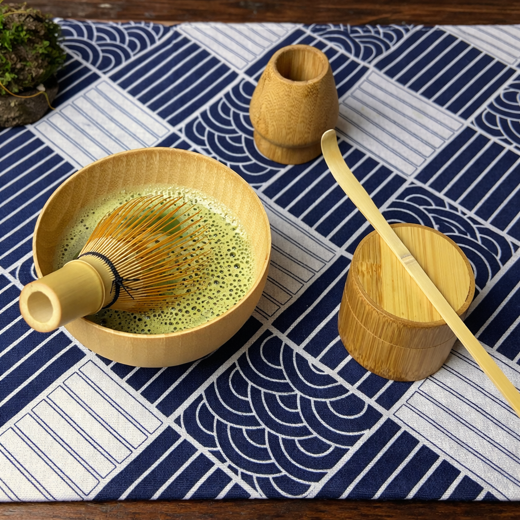 Bowl with green tea and bamboo whisk on a blue and white patterned tablecloth