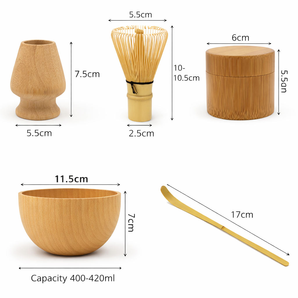 Set of wooden tea-making tools with measurements on a white background
