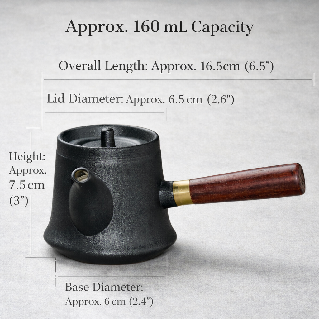Black teapot with wooden handle and measurements on a gray background