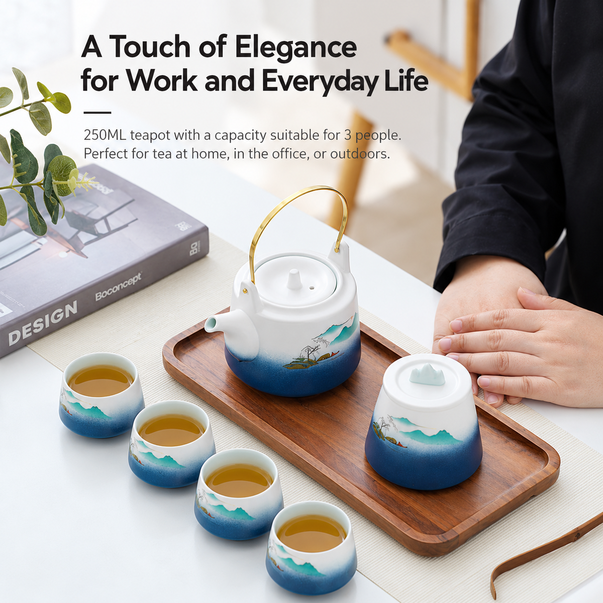 Snow Mountain Ceramic Gongfu Tea Set with 4 Cups & Gift Bag