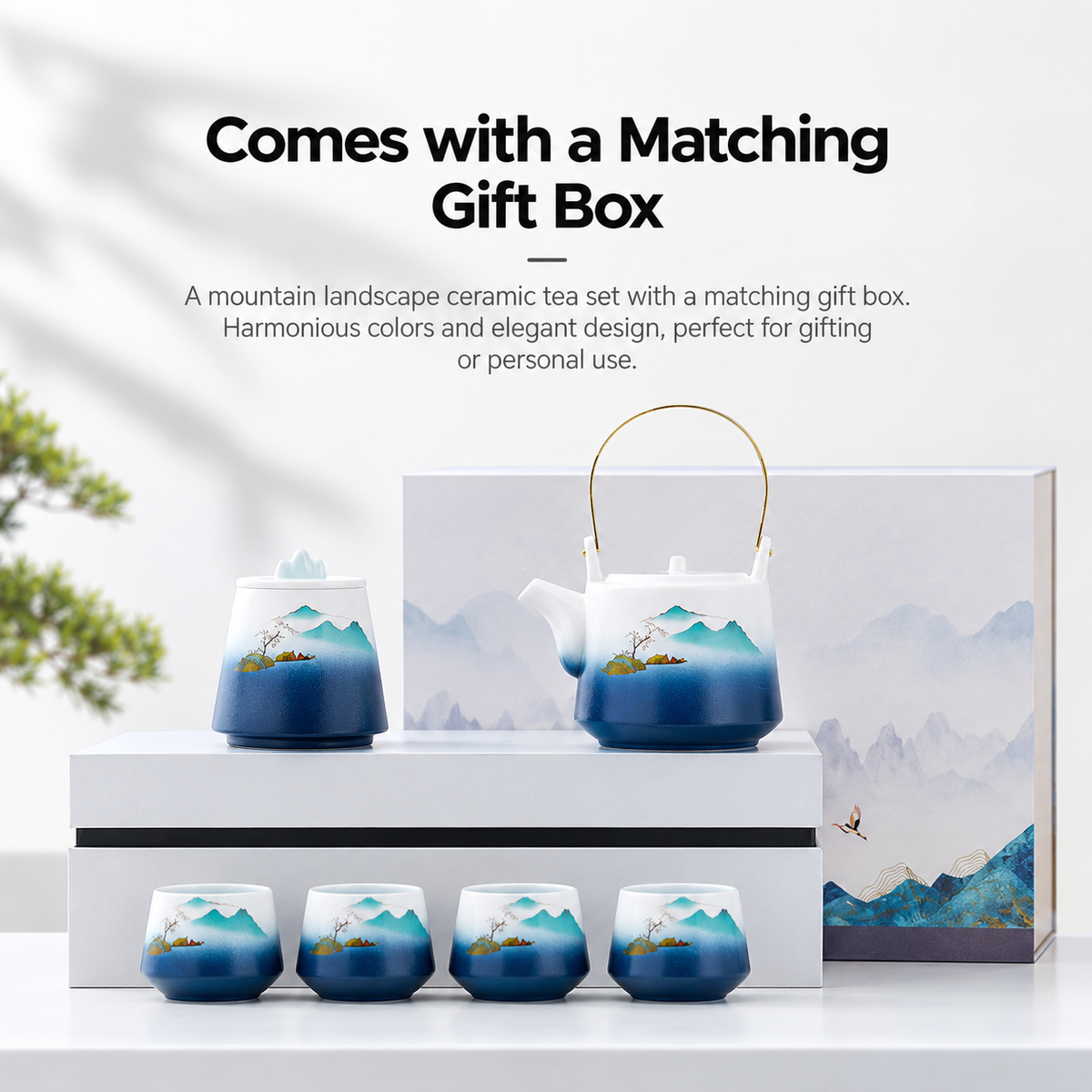 Snow Mountain Ceramic Gongfu Tea Set with 4 Cups & Gift Bag