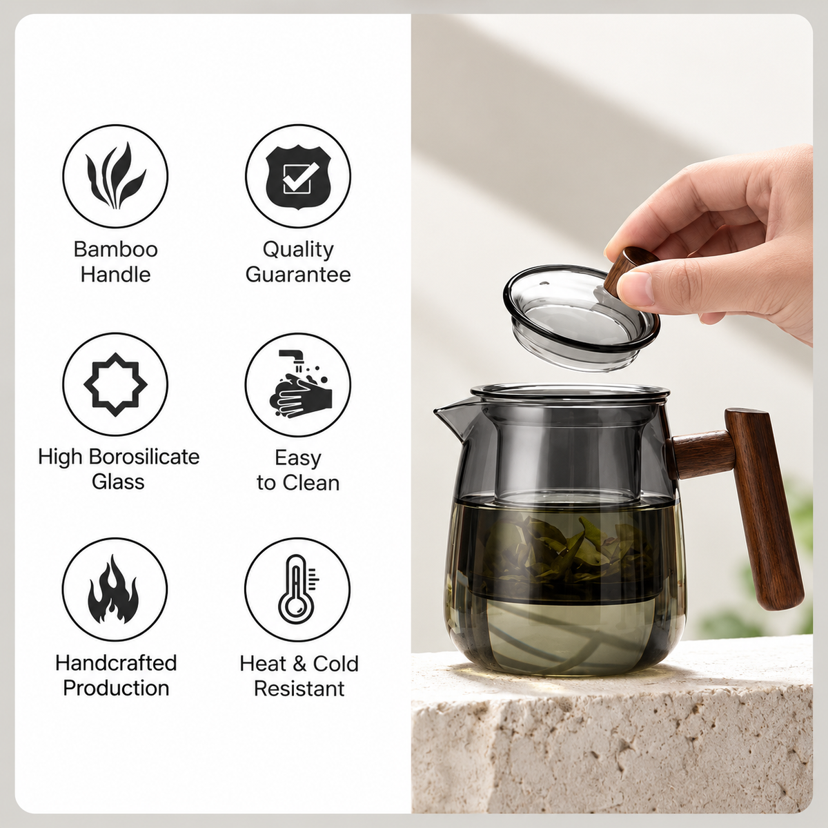 High Borosilicate Glass Teapot with Wooden Handle & Infuser